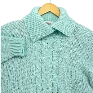 VTG Sterling Harris Light Teal Blue Cable Knit Collared Sweater Pearls SZ L 1990